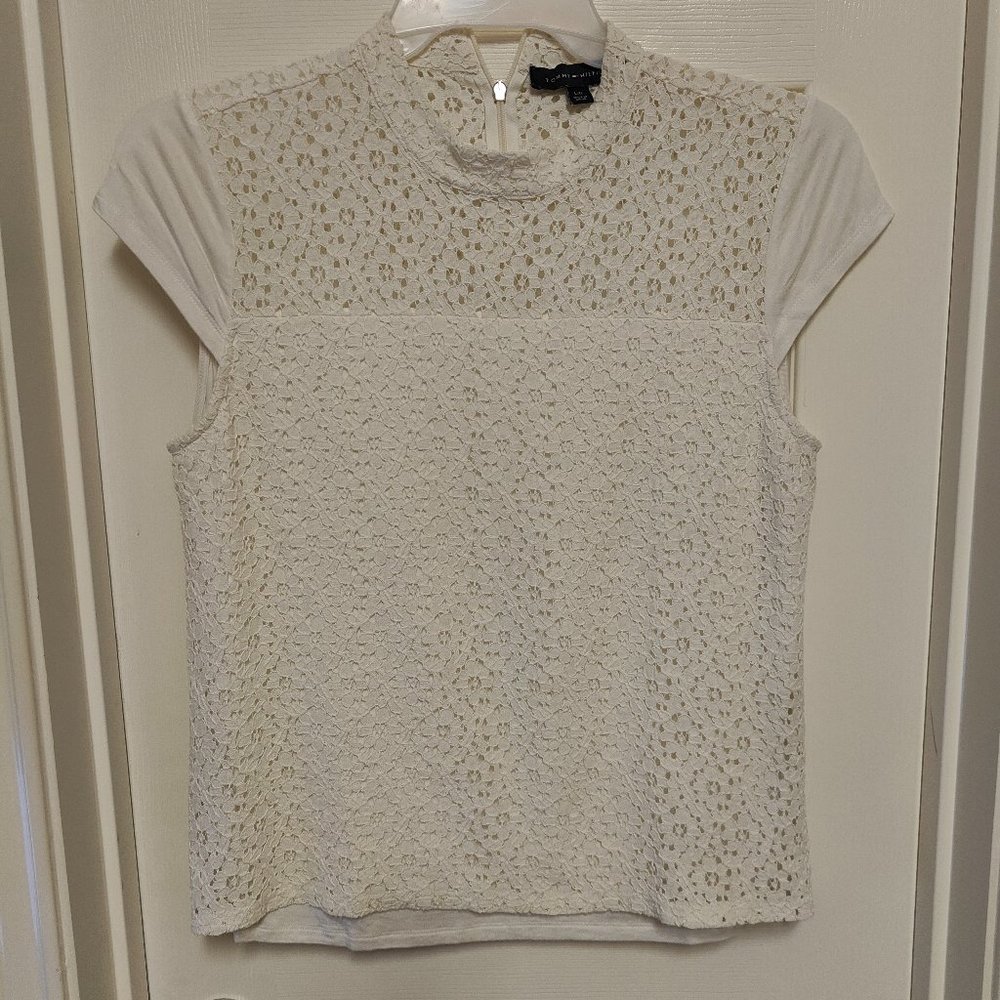 Tommy Hilfiger Women Mock-Neck Ivory Lace Top  Short Sleeve Size L